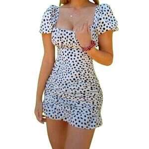 Zara Ruched Polka Dot Puff Sleeve Mini Dress Milkmaid Ivory & Black Dots Medium